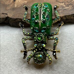 Egyptian Beetle Green Enamel Multicolored Rhinestones Goldtone C Clasp Nature